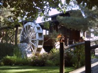 The pond paddlewheel and visitor cottage